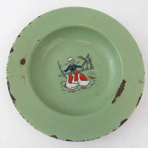 German Enamelware Plate - Antique Green Windmill & Ducks Design