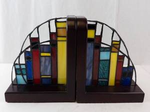 Stained Glass Cityscape Bookends With Built-In Lamps (Pair, both Working)