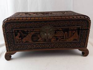 Hand-Carved Wooden Jewelry Box Chest With Floral Border And Scenic Panels - 14 in Long