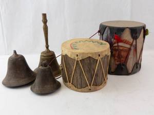 Vintage Hand Drums with Brass Bells - 2 Drums & Bells Set