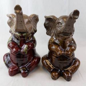 Ceramic Elephant Figurines Pair - Glazed Brown & Red, Raised Trunks