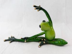 Stretching Green Glass Frog Figurine - Hand-Painted Decorative Sculpture with Gold-Tipped Toes
