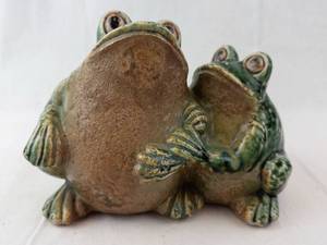 Pair of Green Glazed Ceramic Frog Figurines