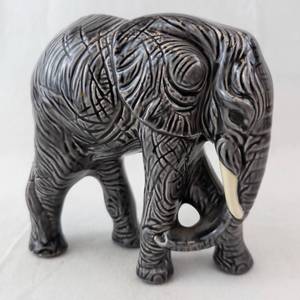 Ceramic Elephant Figurine - Textured Carved Pattern, Dark Gray with Ivory Tusks