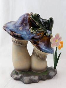 Frog on Mushroom Ceramic Figurine with Flowers