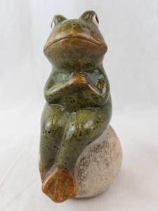 Praying Green Ceramic Frog Figurine - Rock Base