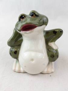 Green Ceramic Frog Figurine - White Belly, Black Dots on Back