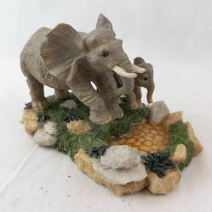 Elephant Figurine - Mother & Calf on Rocky Base with Moss