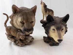 Cougar with Cub & Wolf Head Figurines on Rock Bases