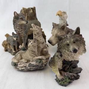 Wolf Family Figurine Set - Hand-Painted Resin Wildlife Group with Cubs
