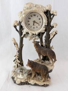 Wolf Clock Forest Scene with Snow Globe - Resin Sculpture