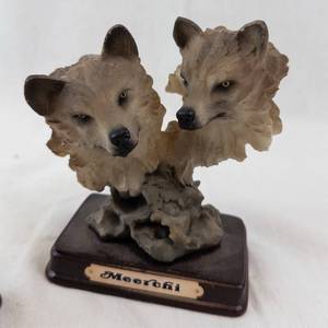 Meerkhi Wolf Head Figurines - Pair on Rock Pedestals, Wood Base