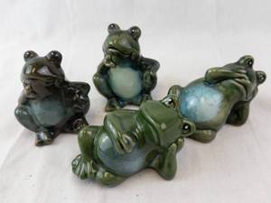 Ceramic Frog Figurines - Glazed Green - Set of 4
