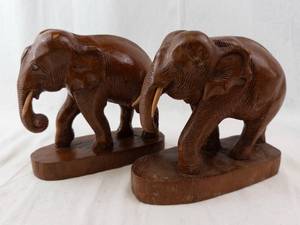 Pair of Hand-Carved Wooden Elephant Figurines on Oval Bases - Dark Brown Finish