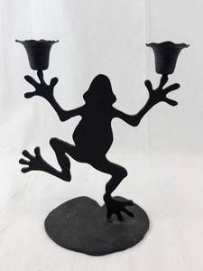 Frog Candle Holder - Metal Silhouette With 2 Cup Holders On Leaf Base - Black