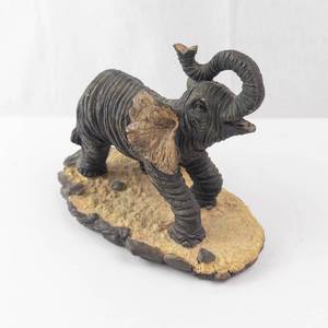 Baby Elephant Figurine with Trunk Up on Desert Sand Base - Hand-Painted