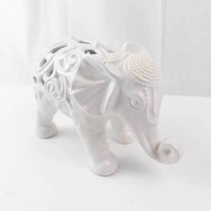 Elephant Filigree Ceramic Figurine - White Openwork Elephant Sculpture
