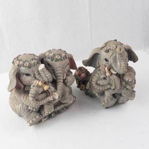 2 Elephant Family Figurine - Floral Crowns, Basket of Fruit - Musical Sculptures