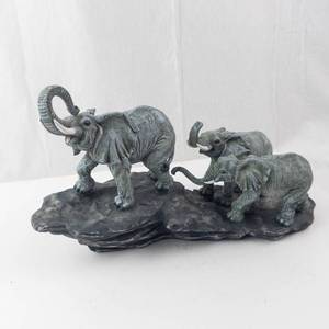 Two Elephant Figurines on Rock Base - Gray Resin Statue