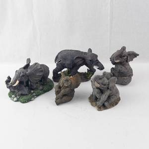 Elephant Figurine Set - 6 Resin Wildlife Statues on Rock Base