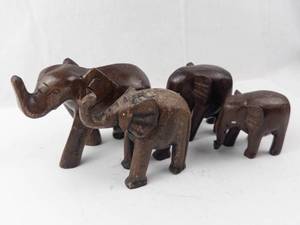 4 Elephant Figurines - Hand-Carved Brown Wood Elephants Group