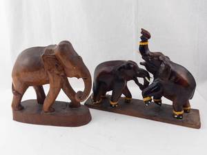 Hand-Carved Wooden Elephant Sculpture - Group of Elephants on Base