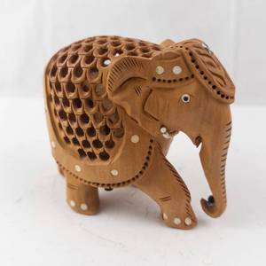 Hand-Carved Wooden Elephant Figurine with Openwork Back & White Inlays