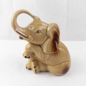 Elephant Figurine - Trunk Up, Beige Ceramic Statue with Brown Accents