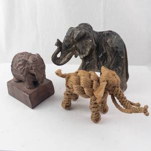 Elephant Figurines Trio - Stone Elephant Sculpture, Carved Wood Elephant, Rope Elephant