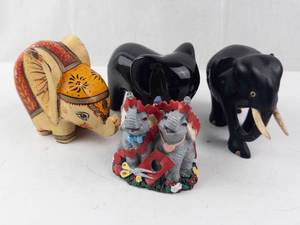 Elephant Figurines (Lot of 4) - Hand-Painted Wood Elephant, Two Glossy Black Elephants, Gray Pair