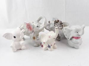 6-Piece Porcelain Elephant Figurine Set - Crackle Glaze & Floral Accents