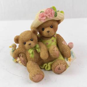 Cherished Teddies Mom & Baby Bear Figurine with Duck - Green Dress & Flower Hat
