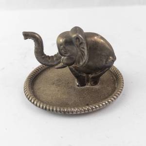Vintage Silver-Tone Elephant Figurine on Velvet Round Trinket Dish with Rope Edge