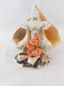 Padre Island Shell Diorama with Cross & Peach Flowers - Seashell Beach Decor