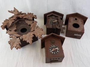 German Carved Cuckoo Clock Parts (Lot of 5) - Leaf & Bird Motif, Roman Dial (PartsNeed Repairs)