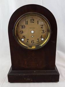 Seth Thomas Mantel Clock - Arched Wood Case, Brass Bezel, Glass Dial. Not tested, may need repair.