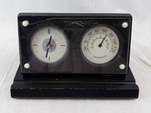 Desk Clock & Thermometer - Vintage Black Bakelite Triangular Stand  (Not tested, may need repair)