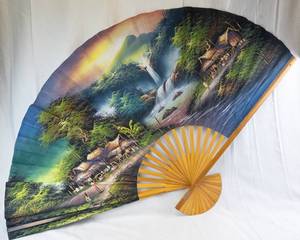 Hand-Painted Folding Fan - Bamboo Ribs, Scenic Village & Waterfall