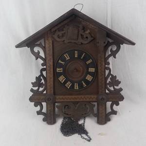 Vintage Carved Dark Wood Cuckoo Clock with Roman Numerals