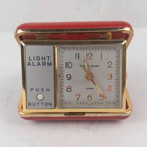 Phinney-Walker Travel Alarm Clock - Red Leather Case, Gold Tone