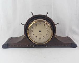 Vintage Ship-Wheel Mantel Clock - Dark Wood Case with Brass Bezel, Nautical Decor