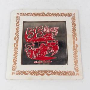 55 Chevy Cheap Thrills Tile Art - Red Car Graphic on Ornate Border