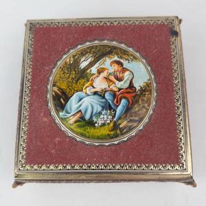 Antique French Jewelry Box with Romantic Couple Scene - Red Enamel, Gold Trim