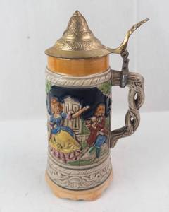 Ceramic Beer Stein with Brass Lid - Hand-Painted Village Scene