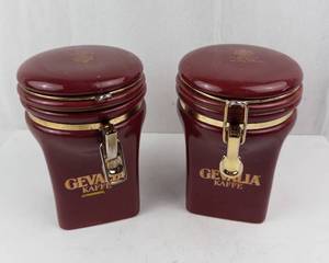 Gevalia Kaffe Ceramic Canisters Pair with Gold Clamp Lids - Made in Taiwan