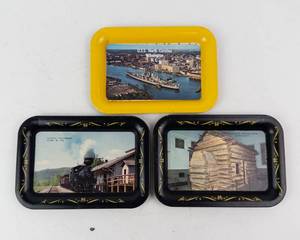 Vintage Souvenir Tin Trays - 3 Scenic Collectibles USS North Carolina, Cass WV, Lincolns Birthplace