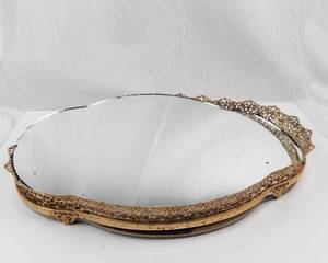Vintage Oval Vanity Mirror with Ornate Gold-Tone Frame - Bowed Water-Damaged Wood Bottom