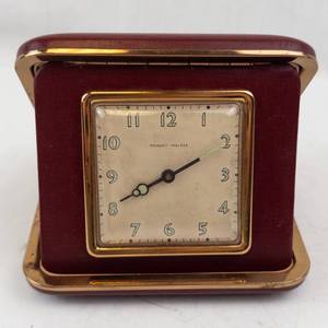 Phinney-Walker Travel Clock in Burgundy Leather Case with Gold Tone Frame