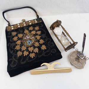 Beaded Black Velvet Evening Bag - Nail Buff - Geode Pen Holder - Hourglass (Brass Frame) (Lot of 4)