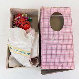Chinese Doll With Red Face, White Silk Dress & Floral Headdress in Pink Box